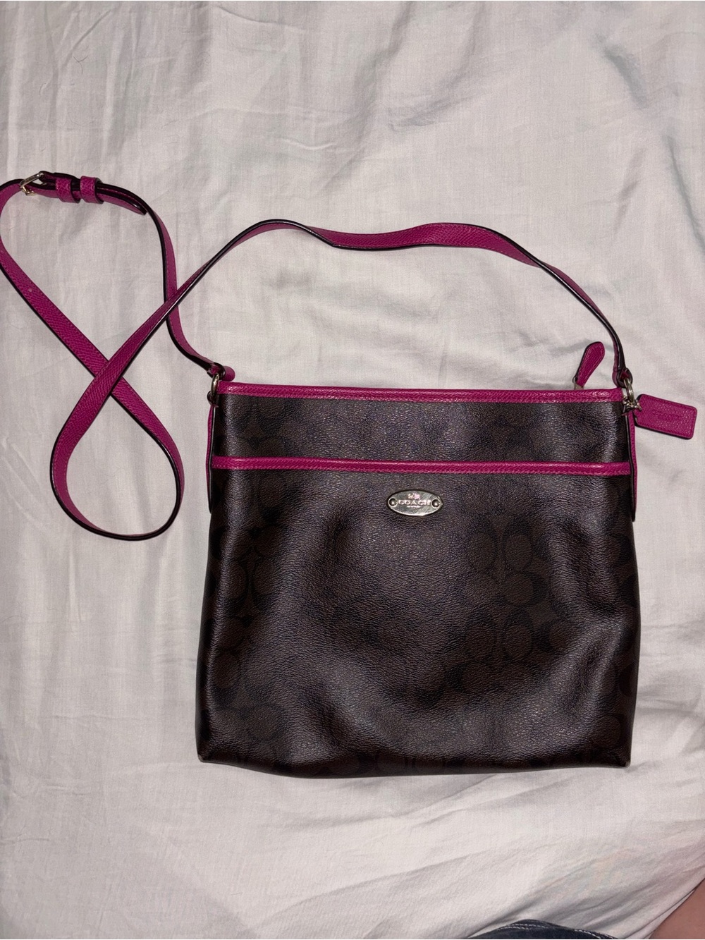 Coach Signature Crossbody Bag in Dark Brown with Hot Pink Trim